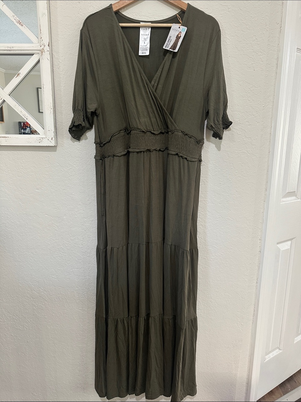 Serra Olive Green Wrap Maxi Dress with Smocked Waist